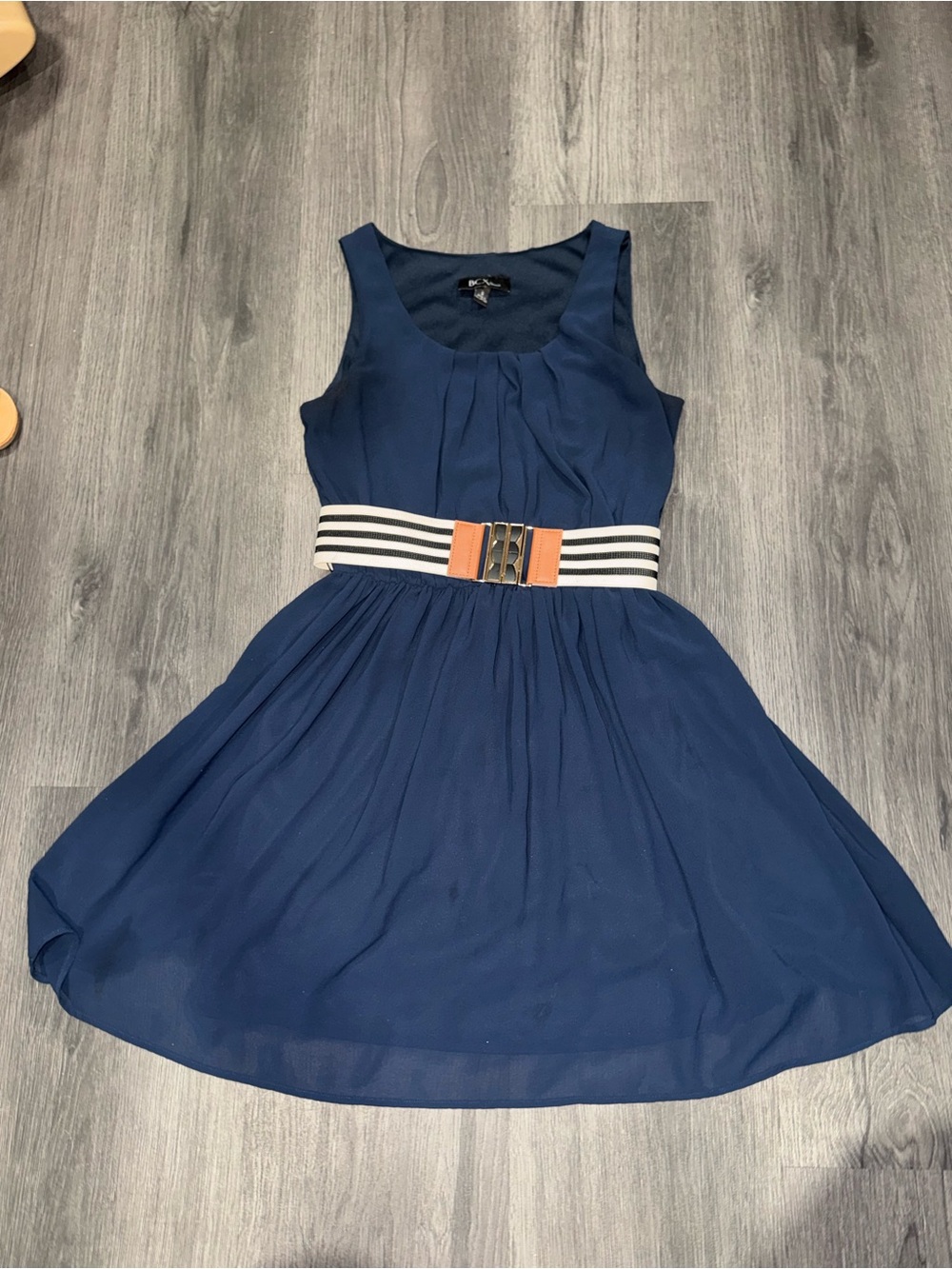 BCX Navy Sleeveless Mini Dress with Striped Elastic Belt